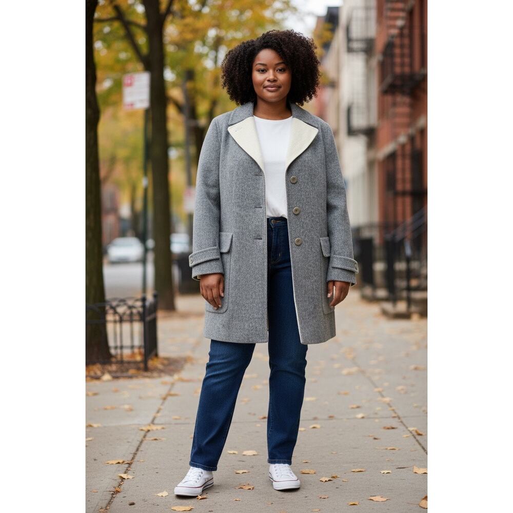 Talbots Open Front Wool Blend Jacket 14P Gray cream Two-Tone